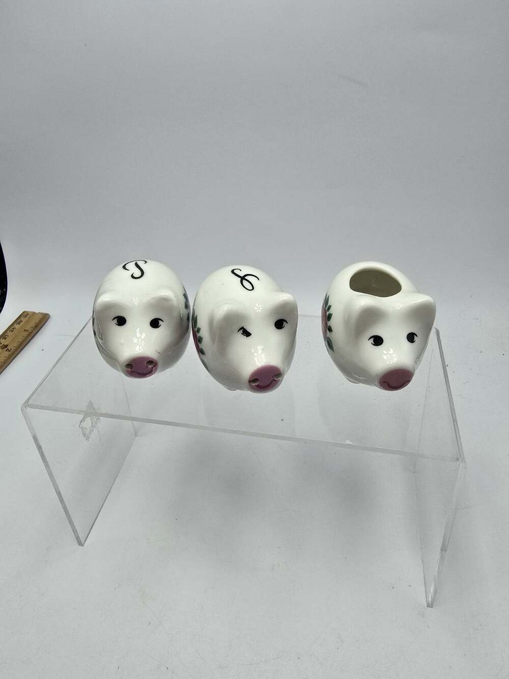 Vintage Hand Painted Three Little Pigs Salt & Pepper Shakers and Toothpick Cup